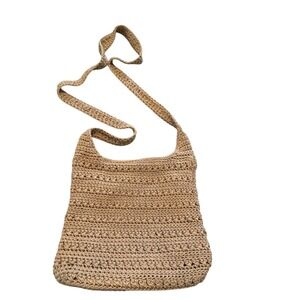 VTG The Sak Tan Crochet Crossbody Bag Knit Bohemian Zip Top Shoulder Bag Y2K